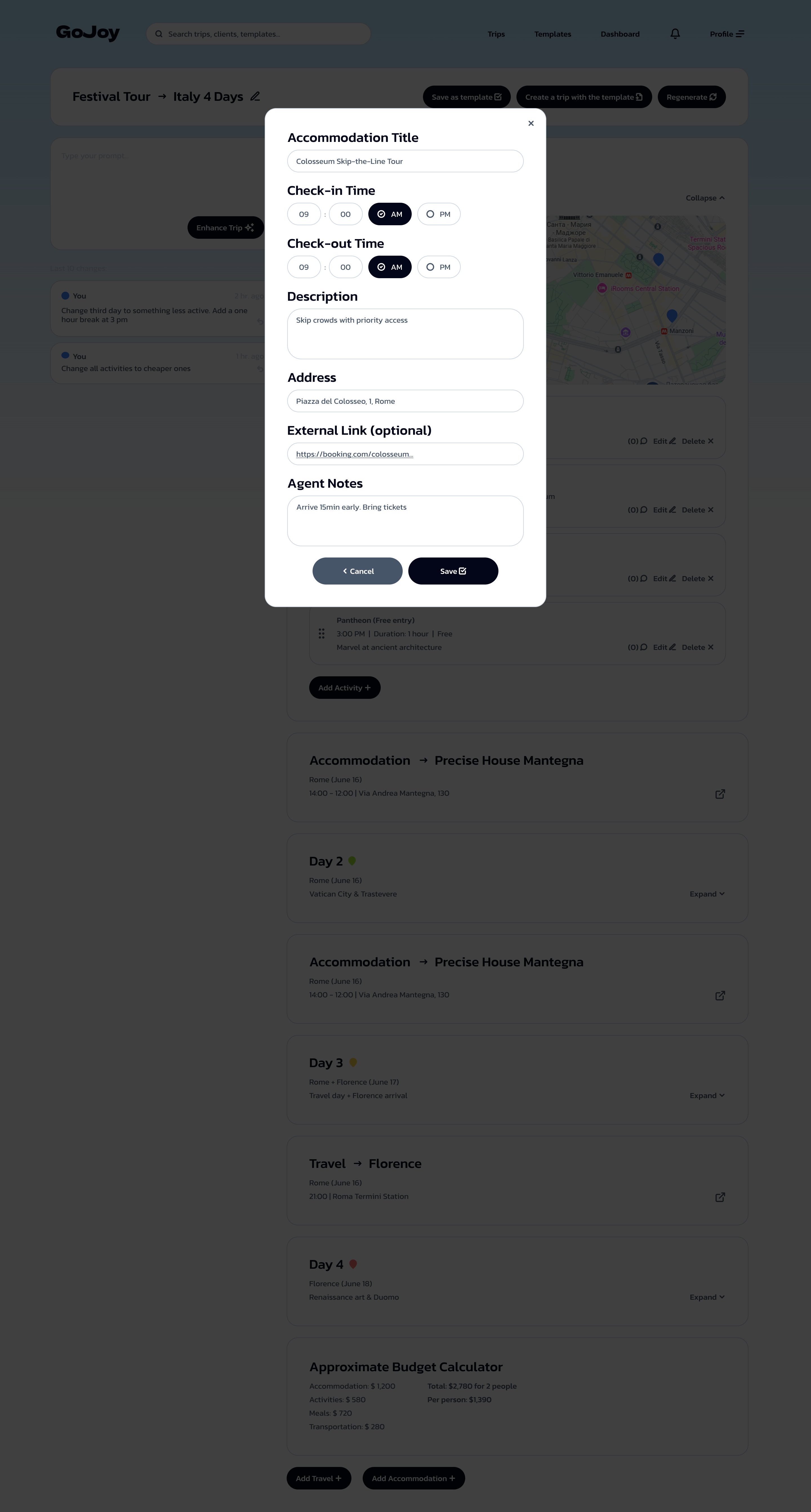 Activity detail editing panel
