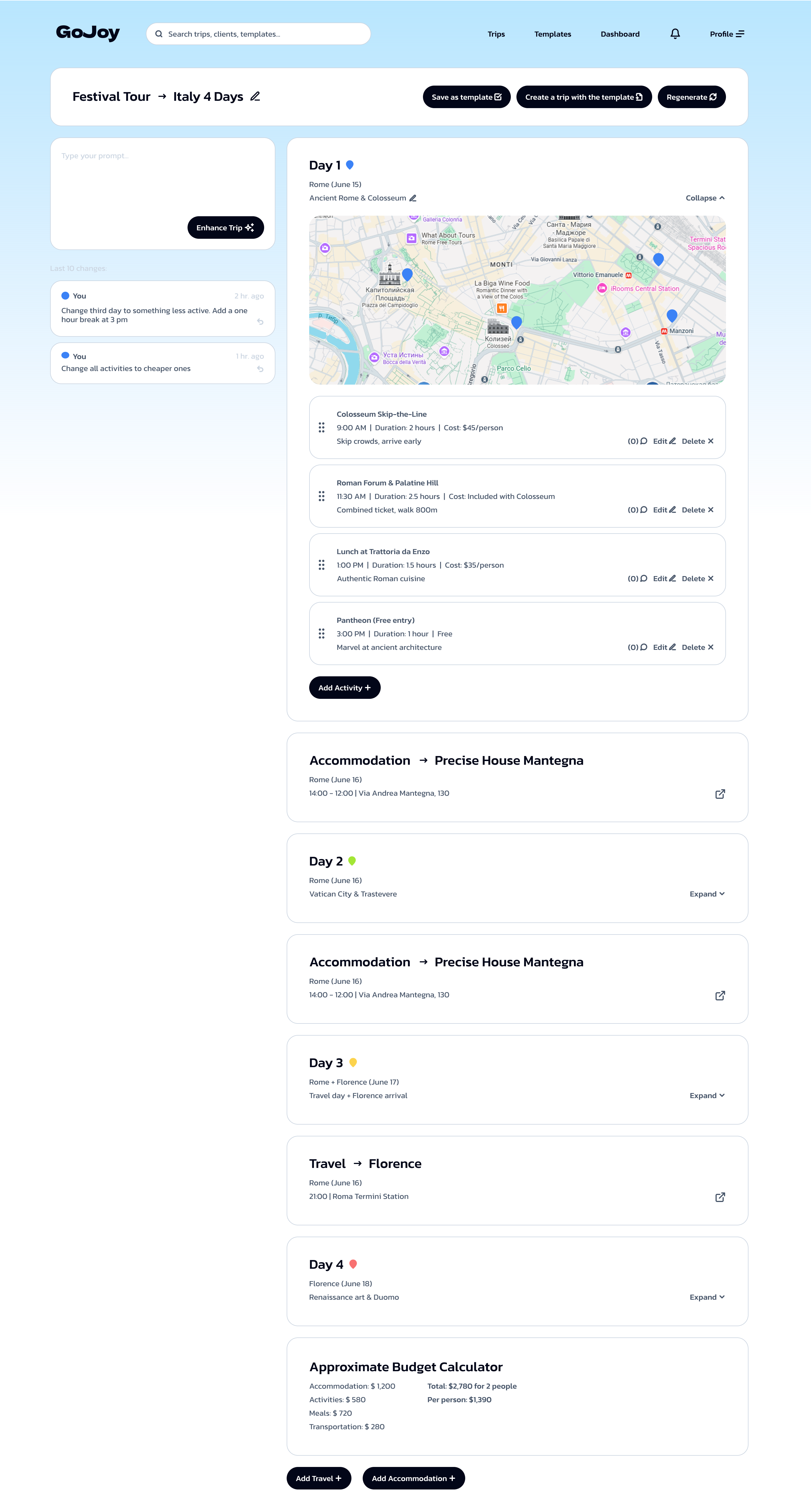 AI chat interface for itinerary refinement