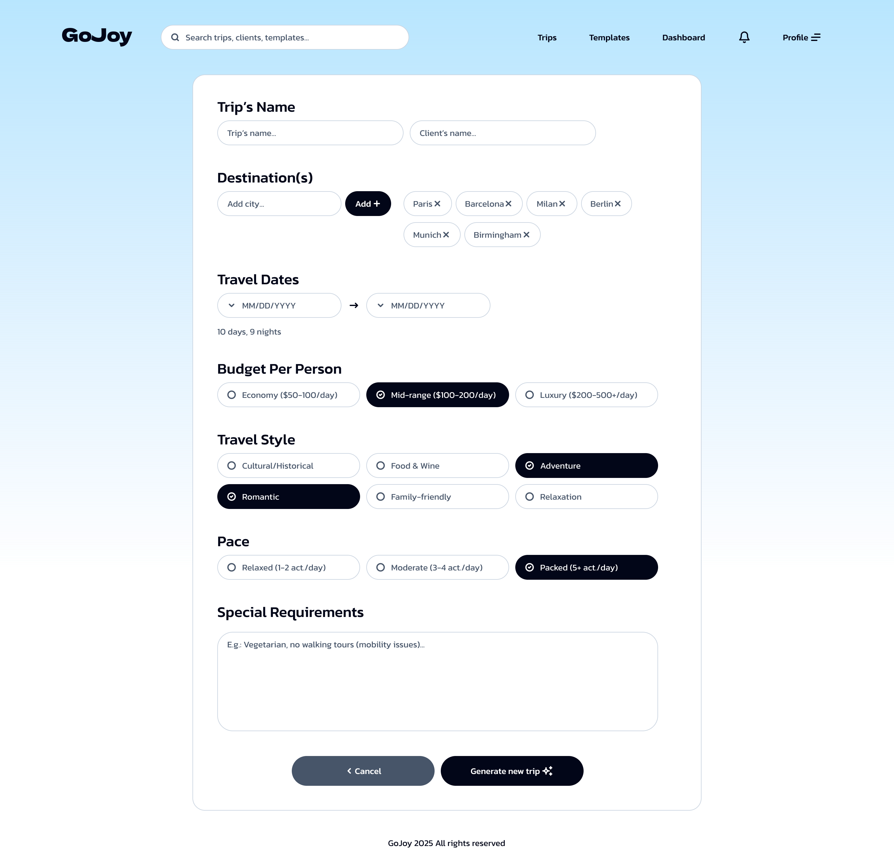 GoJoy Pro AI itinerary generation interface