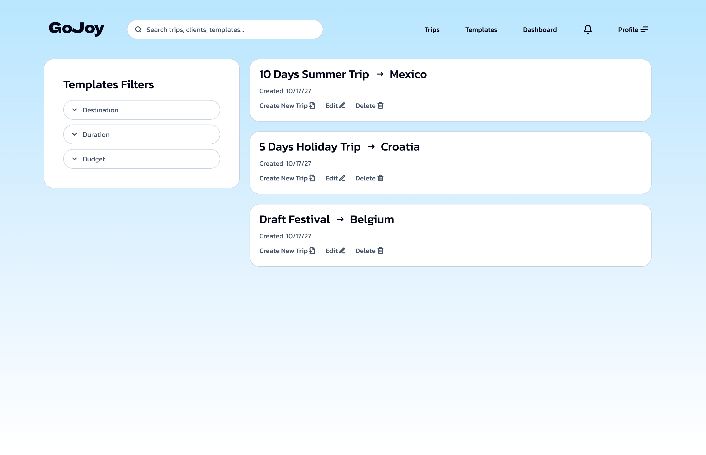 GoJoy Pro template library with filters